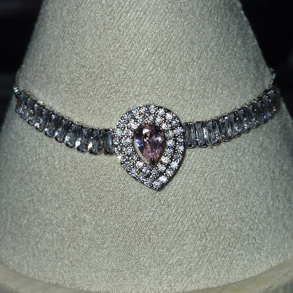 14KGP Gold Plated Pink Pear CZ Tennis Bracelet Adjustable Slide Halo Sparkle